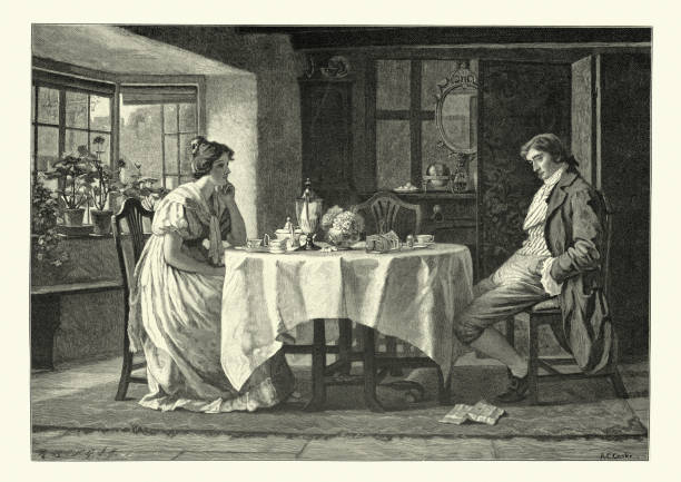 아침 식사 테이블에서 아내와 불행한 남자, 빅토리아 19 세기 - past women old fashioned couple stock illustrations