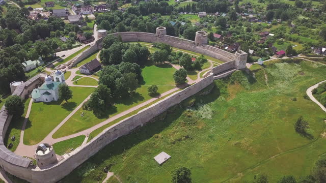 Aerial view on ancient fortress in Izborsk. Izborsk, Pskov region, Russia