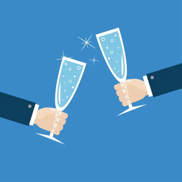 Vector illustration of Businessman costume hand set holding two hampagne glasses with sparkles. Greeting Card. Flat design. Blue background.
