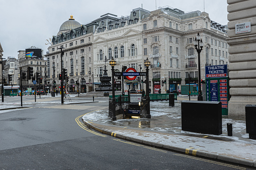 08 February 2021. As storm Darcy rages on, London wakes up covered in snow. Regent's street