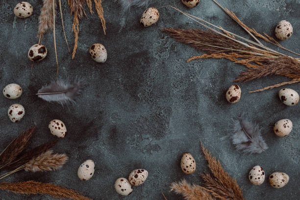 istock Stylish frame with Easter eggs with reeds foliage branches on dark background. Flat lay, Top view. Easter holiday concept. 1301029160