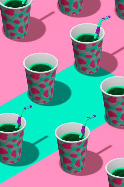 Creative minimal food design 3d render coffee plastic cup in  isometry geometry space. Restaurant,  bar, coffee candy shop, food delivery concept modern art.