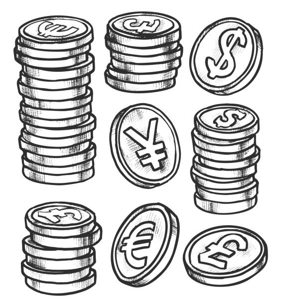Coins Doodle Set Currency signs and stacks of coins. Euro, pounds, dollars, yen. change drawings stock illustrations