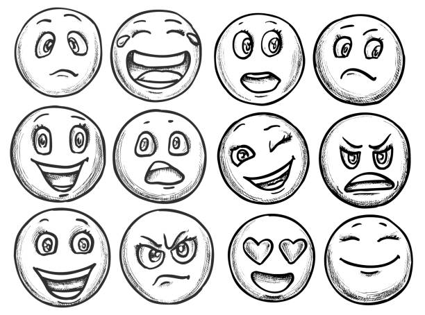 Emoji Doodle Set. Face Emotions Emoji doodles set, face emotions, smileys. Vector illustration. relieved face stock illustrations