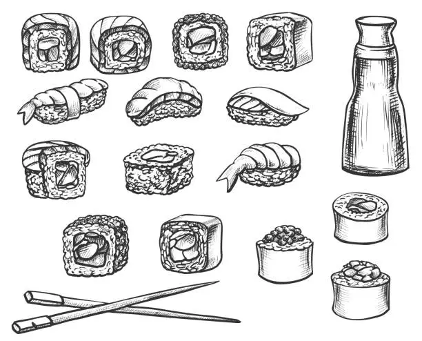Vector illustration of Sushi Roll Doodle Set
