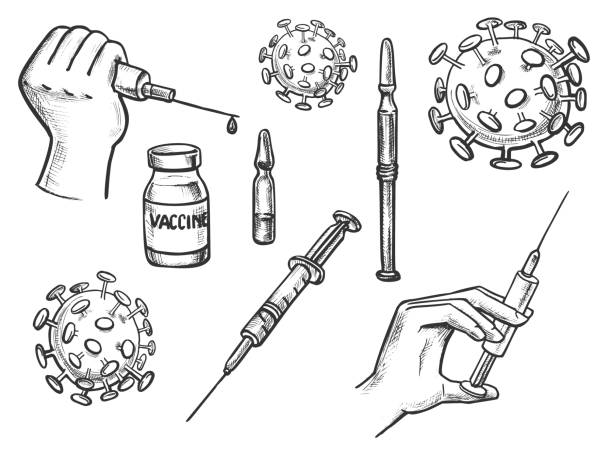 Vaccine, Virus, ampoule, flask and syringe. Vaccination concept Vaccine, Virus, ampoule, flask and syringe. Vaccination concept vector illustration set. Covid-19 vaccine. botox bottle stock illustrations
