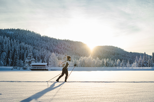 View of woman cross-country skiing in forest in Norway.