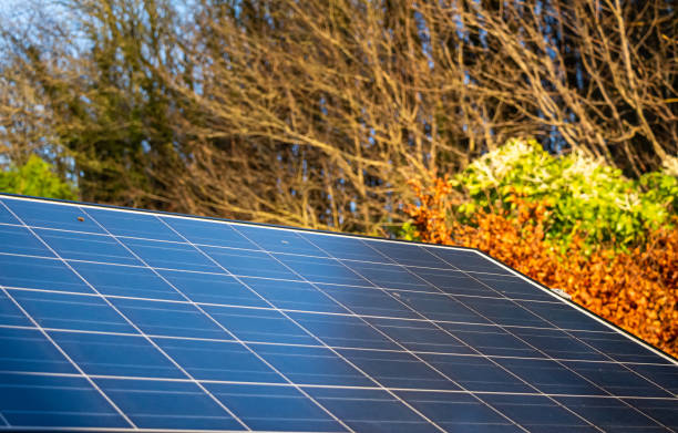 Solar panel generating electricity and fall colours on a sunny day in autumn in Scotland, United Kingdom stock photo