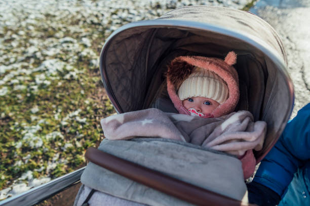 Cute Baby Girl Lying in a Stroller A caucasian baby girl lying in her baby stroller in a public park. It's a sunny winters day and she is wrapped up in warm clothing, accessories and blankets. baby stroller winter stock pictures, royalty-free photos & images