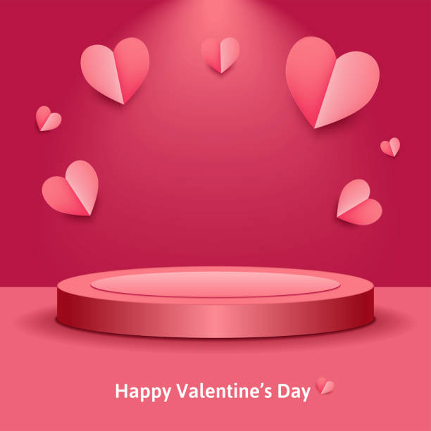 istock St. Valentine's day greeting card, sale banner with empty space and text. Pink paper cut hearts. Podium, round stage, retail platform, showcase. Modern minimal style. 3D realistic design. 1301034122