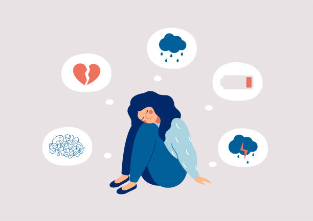 ilustraciones, imágenes clip art, dibujos animados e iconos de stock de niña rodeada de síntomas de trastorno de depresión: ansiedad, crisis, lágrimas, agotamiento, pérdida, exceso de trabajo, cansancio. - depression