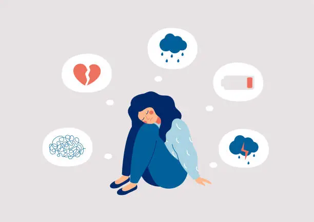 Vector illustration of Girl surrounded by symptoms of depression disorder: anxiety, crisis, tears, exhaustion, loss,  overworked, tired.