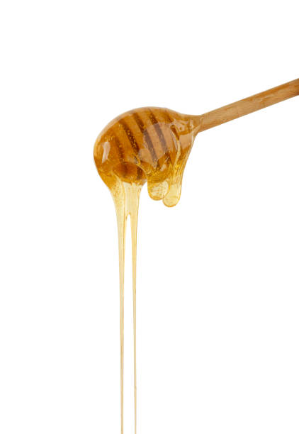 istock Close up honey flowing from wooden dipper on white 1301034720