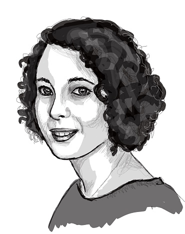 Portrait of young woman with curly hair. Illustration with digitally generated charcoal, ink and pencil. Front view, head and shoulders. Raster illustration.