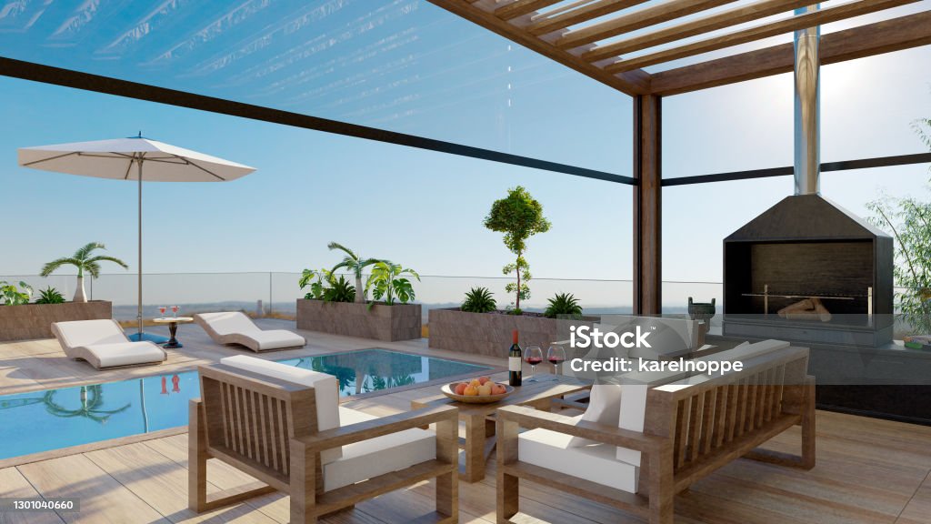 3D render of elegant wooden deck with swimming pool and outdoor furniture 3D illustration of luxury outdoor terrace with swimming pool and barbecue. Bioclimatic pergola with couch and deck chairs and open view. Furniture Stock Photo