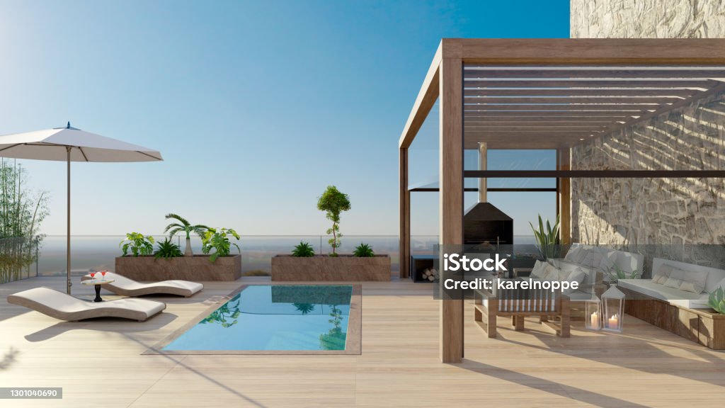 Ilustración en 3D de la lujosa cubierta de teca de madera con piscina. - Foto de stock de Piscina libre de derechos