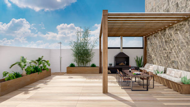 istock 3D render of urban terrace with cozy fireplace. 1301040726