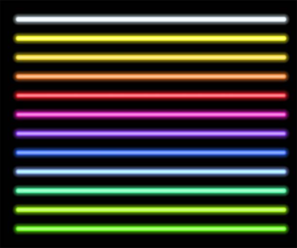 네온 라이트 튜브는 투명한 배경에 설정됩니다. 파란색, 흰색, 노란색, 주황색, 녹색, 분홍색, 빨간색 주도 선이 빛나는 벡터 일러스트레이션입니다. 파티 또는 클럽을 위한 전기 컬러 팩 디자인 - collection led technology colors stock illustrations