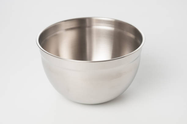 istock Empty stainless bowl close up on gray background 1301040746