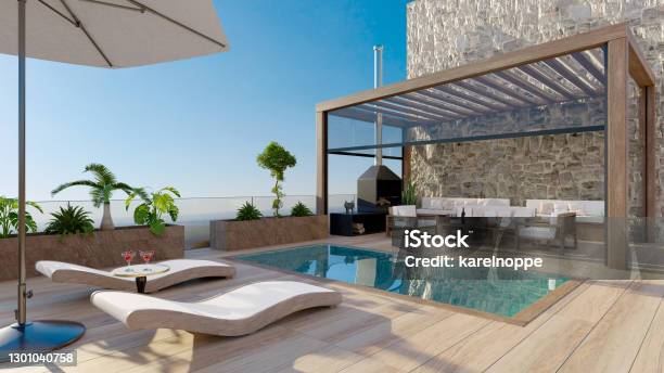 3d Render Of Luxury Wooden Deck With Swimming Pool Stock Photo - Download Image Now