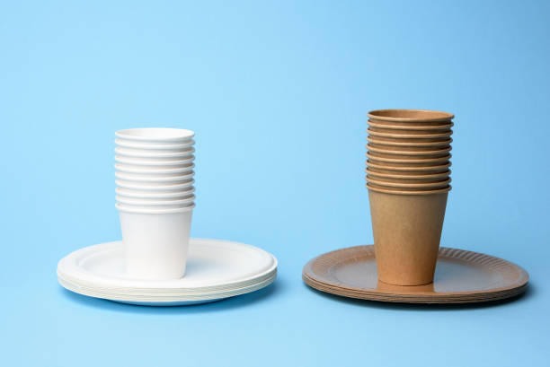 pila di tazze di carta bianche e marroni e piatti rotondi su sfondo blu - disposable cup cup stack blue foto e immagini stock