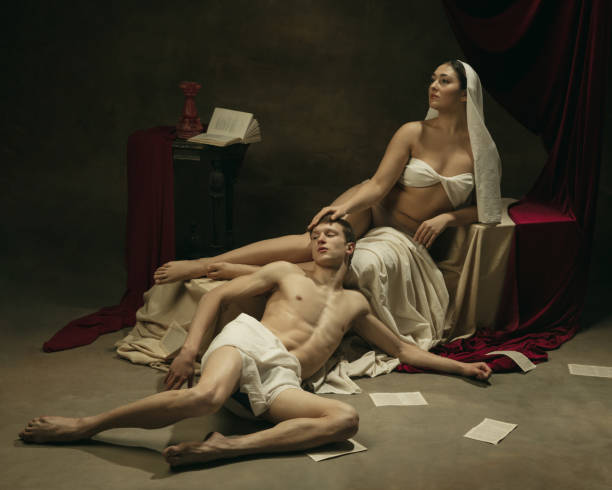 Modern remake of classical artwork - young medieval couple on dark background, comparison of eras concept