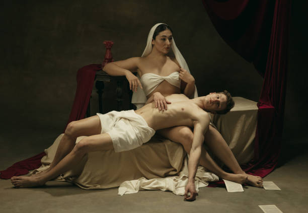 Modern remake of classical artwork - young medieval couple on dark background, comparison of eras concept