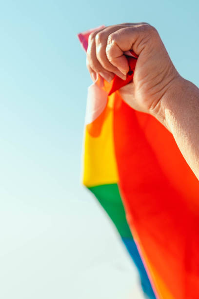 mão de homem com bandeira do arco-íris voando em sol brilhante no fundo do céu azul - flag gay man american culture rainbow - fotografias e filmes do acervo