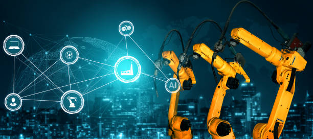 istock Smart industry robot arms for digital factory production technology 1301043664