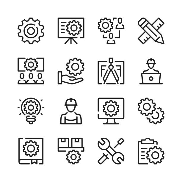 engineering-liniensymbole gesetzt. moderne grafikdesign-konzepte, einfache lineare umrisselemente-sammlung. dünnelinie design. vektorliniensymbole - technician computer repairing wrench stock-grafiken, -clipart, -cartoons und -symbole