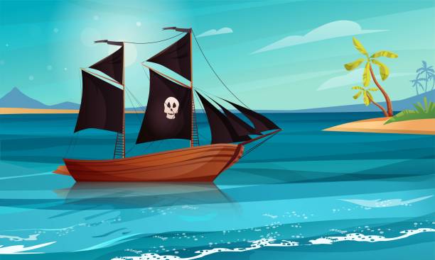 ilustrações, clipart, desenhos animados e ícones de navegando navio pirata com bandeiras negras no mar. veleiro de madeira na água. - cruise travel beach bay