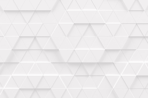 Abstract monochrome white geometric pattern or background made of chaotic triangle surface polygons. 3d rendering of realistic backdrop or wallpaper