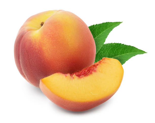 istock Ripe peach fruit with slices isolated on white background with clipping path and full depth of field 1301045908