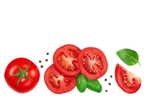 istock Tomato slices with basil and peppercorns isolated on white background. Clipping path. Top view with copy space for your text. Flat lay 1301045943