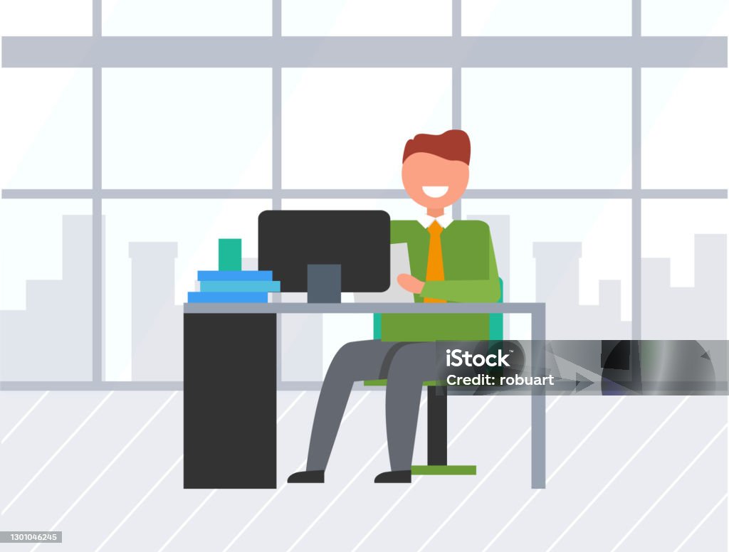Worker Using Computer Business Workplace Vector Stock Illustration ...