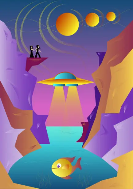 Vector illustration of Futuristic landscape. Planets. UFO. Rocks. People on the rock. ocean. Fish. Colorful background. Vector illustration.