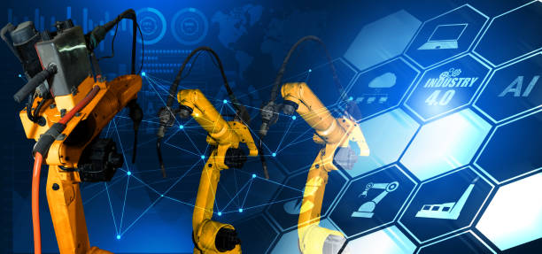 istock Smart industry robot arms for digital factory production technology 1301047517