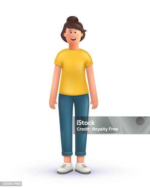 3d Cartoon Character Young Woman Standing On A White Background Stock  Illustration - Download Image Now - iStock
