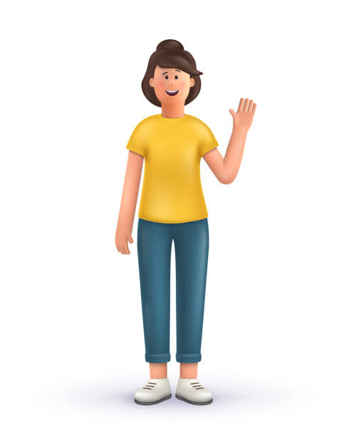 ilustraciones, imágenes clip art, dibujos animados e iconos de stock de personaje de dibujos animados en 3d. gesto de saludo de mujer joven, de pie sobre un fondo blanco, saludar. - tridimensional ilustraciones