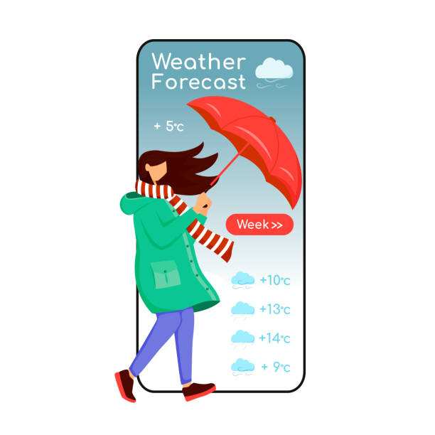 wettervorhersage cartoon smartphone vektor app-bildschirm. handy-display, flache zeichen mockup. kaukasisches weibchen im regenmantel. frau mit regenschirm. meteorologie anwendung telefonschnittstelle - scarf blowing women autumn stock-grafiken, -clipart, -cartoons und -symbole