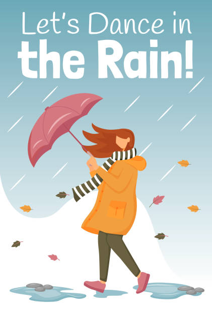 позволяет танцевать в дождь плакат плоский цвет вектор шаблона. самка с зонтиком. брошюра, обложка, буклет на одной странице концепт-дизайн, - scarf blowing women autumn stock illustrations