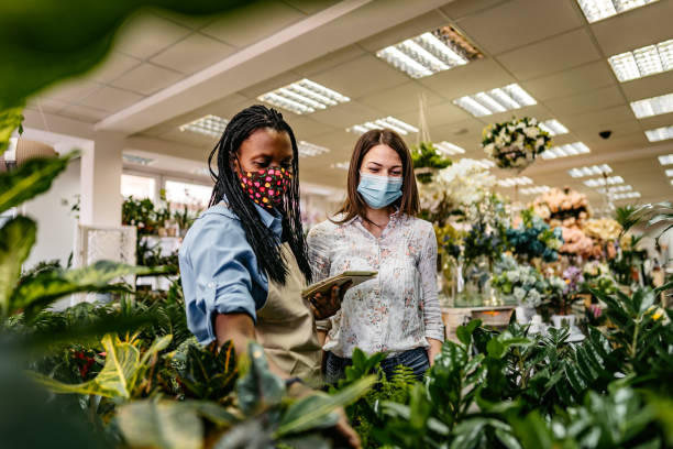 florist showing plants to a female customer - flower computer young women selling imagens e fotografias de stock