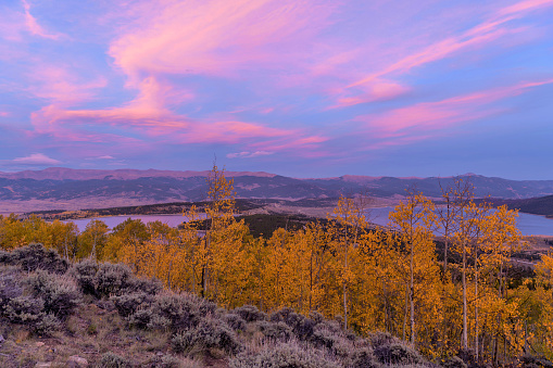 A colorful Autumn sunset view at Twin Lakes, Leadville, Colorado, USA.