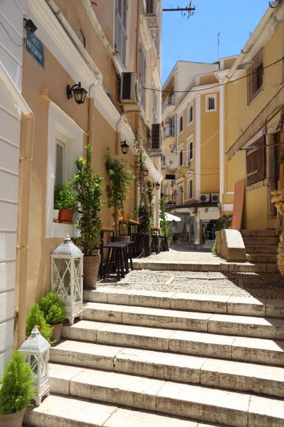 Corfu Town Corfu Old Town (Kerkyra) - UNESCO World Heritage Site in Greece. Quaint street. corfu town stock pictures, royalty-free photos & images