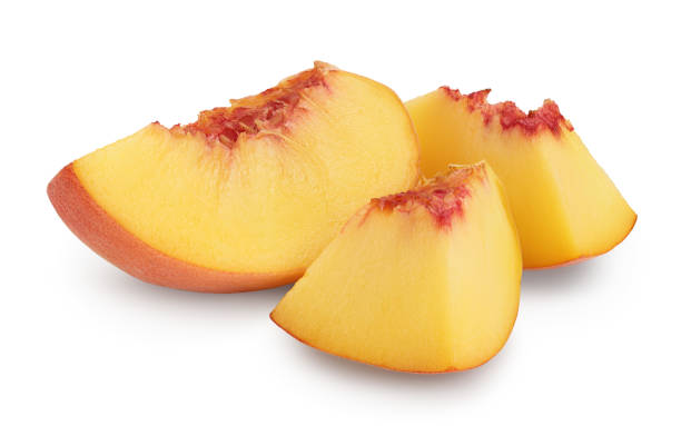 istock Ripe peach fruit slices isolated on white background with clipping path and full depth of field 1301050917
