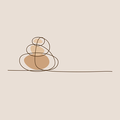 Stack of stones drawn in continuous line. Minimal illustration for spa, massage, relaxation. Meditation poster with pebbles