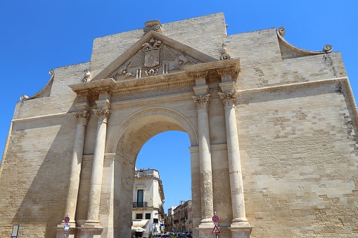 Lecce, Italy - city in Salento peninsula. Porta Napoli Triumphal Arch.