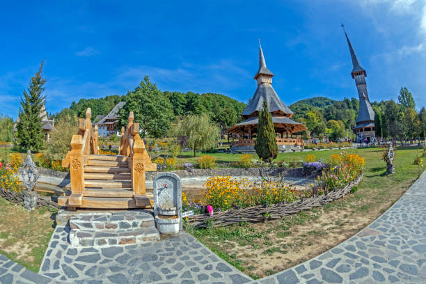 Buildings in the Barsana monastic complex, Maramures, Romania. The first wooden church was built in 1711 and the Orthodox Barsana Monastery is included in UNESCO world heritage.