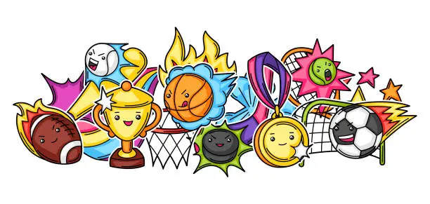 Vector illustration of Background with kawaii sport items.