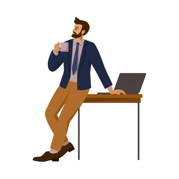 деловой человек в офисном костюме задумчиво стоит с чашкой горячего напитка в руке во время перерыва. векторная иллюстрация в мультипликац - кофе брейк stock illustrations